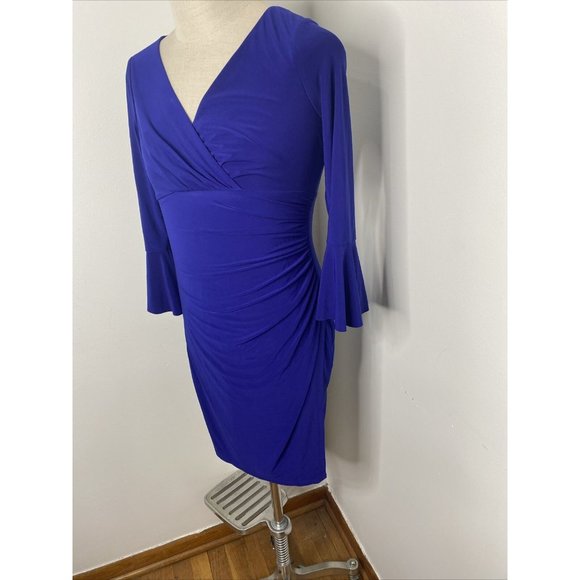 Ralph Lauren Dress Royal Blue 8 Ruched Side V Neck Wiggle Midi 3/4 Ruffle Sleeve - Picture 2 of 8